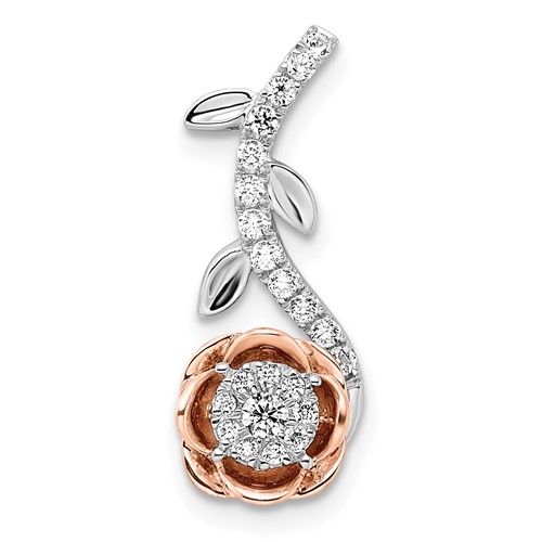 14K Two-Tone Rose and White Gold 0.25 Carat Lab Grown Diamond VS SI+ G+ Complete Rose on Stem Chain Slide Pendant