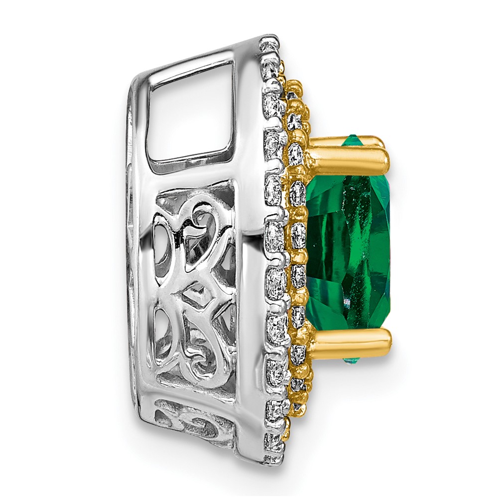 14k Two Tone 1/5 carat Lab Grown Diamond VS/SI+ G+ and Lab Created Emerald Chain Slide Pendant (PM7500-CEM-050-WYLG)