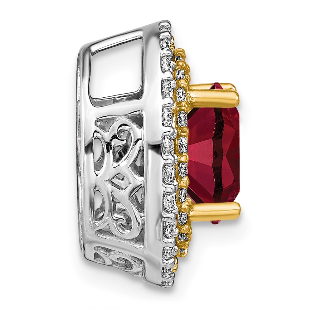14k Two Tone 1/5 carat Lab Grown Diamond VS/SI+ G+ and Lab Created Ruby Chain Slide Pendant (PM7500-CRU-050-WYLG)
