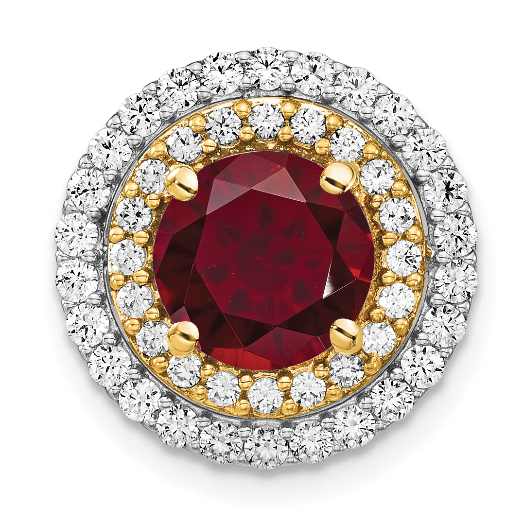 14k Two Tone 5/8 carat Lab Grown Diamond VS/SI+ G+ and Lab Created Ruby Chain Slide Pendant (PM7503-CRU-063-WYLG)