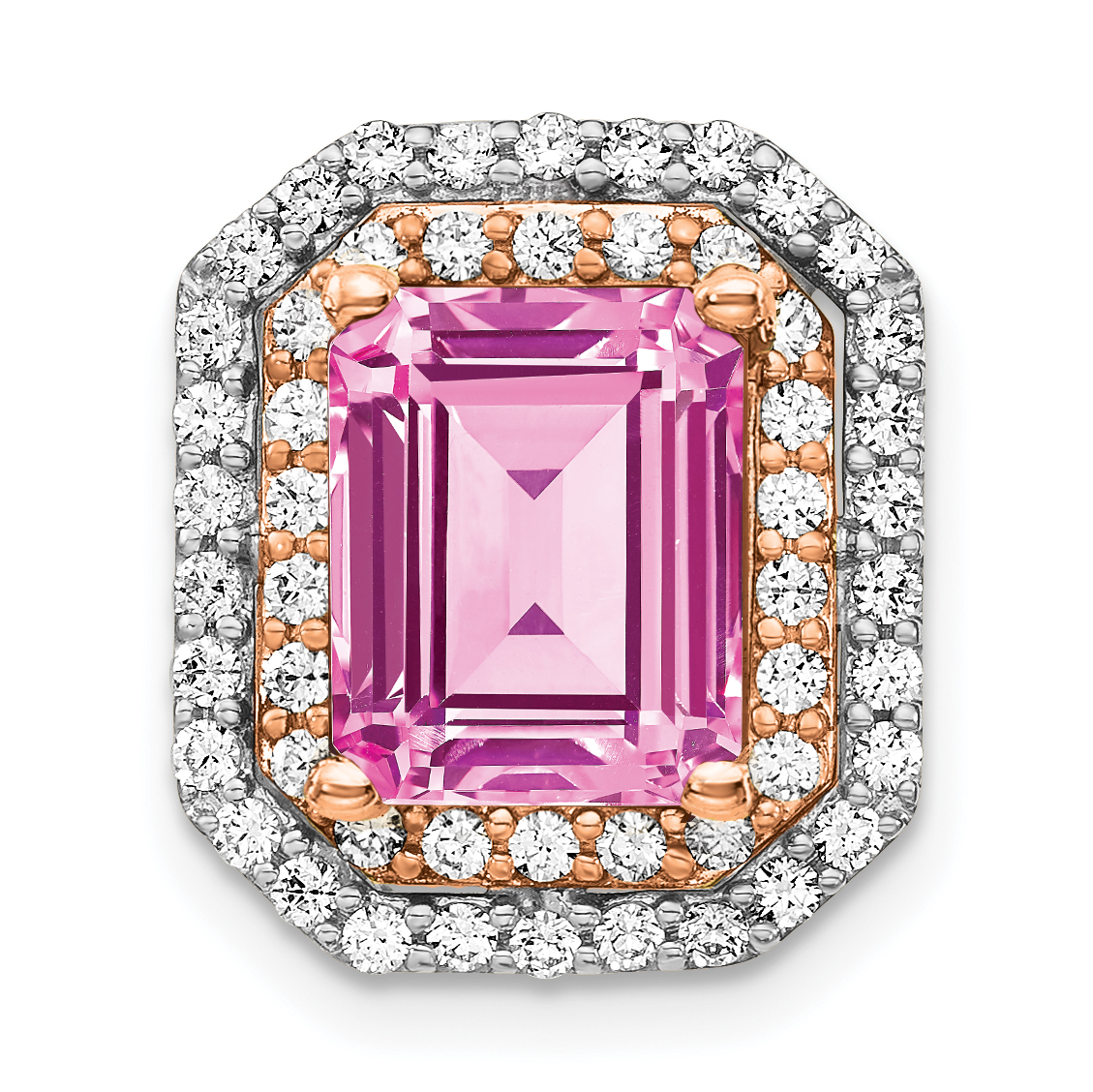 14k Two Tone Rose and White Gold 5/8 carat Lab Grown Diamond VS/SI+ G+ and Lab Created Pink Sapphire Complete Chain Slide Pendant (PM7504-CPS-062-WRLG)