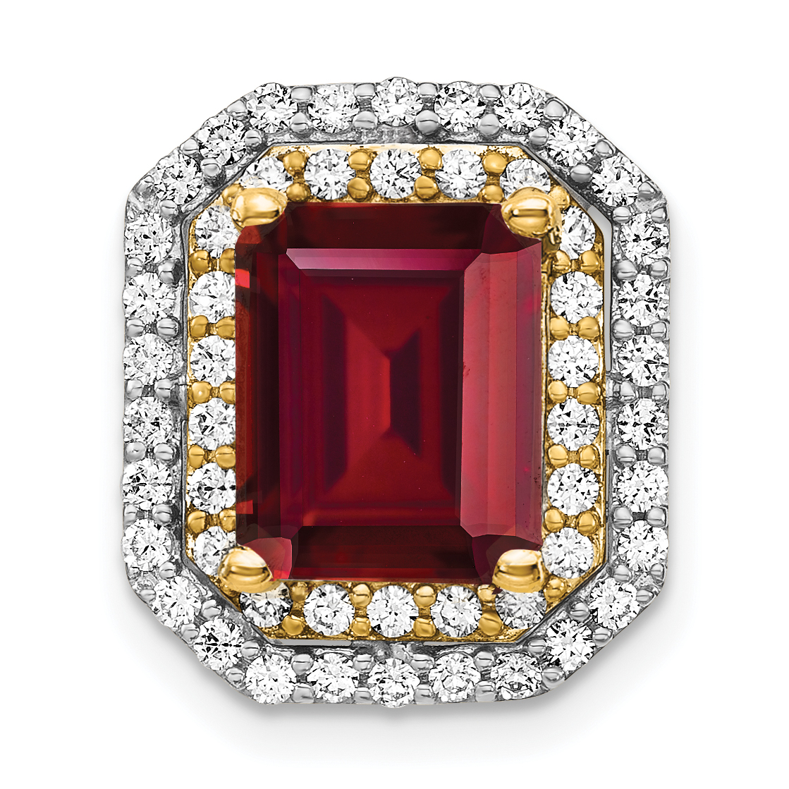 14k Two Tone 5/8 carat Lab Grown Diamond VS/SI+ G+ and Lab Created Ruby Complete Chain Slide Pendant (PM7504-CRU-062-WYLG)