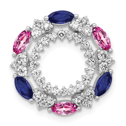 14K White Gold 0.62 Carat Lab Grown Diamond VS SI+ G+ and Lab Created Pink and Blue Sapphire Chain Slide Pendant