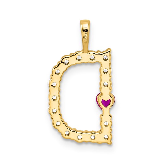 YG Sterling Silver Large Initial D CZ & Cr. Ruby Pendant
