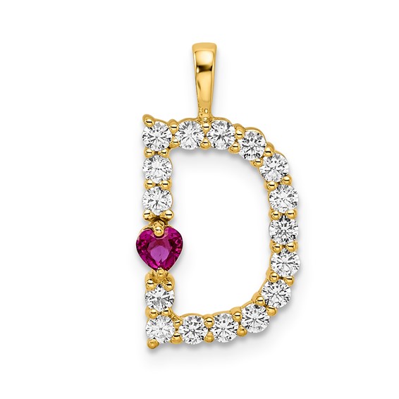 YG Sterling Silver Large Initial D CZ & Cr. Ruby Pendant