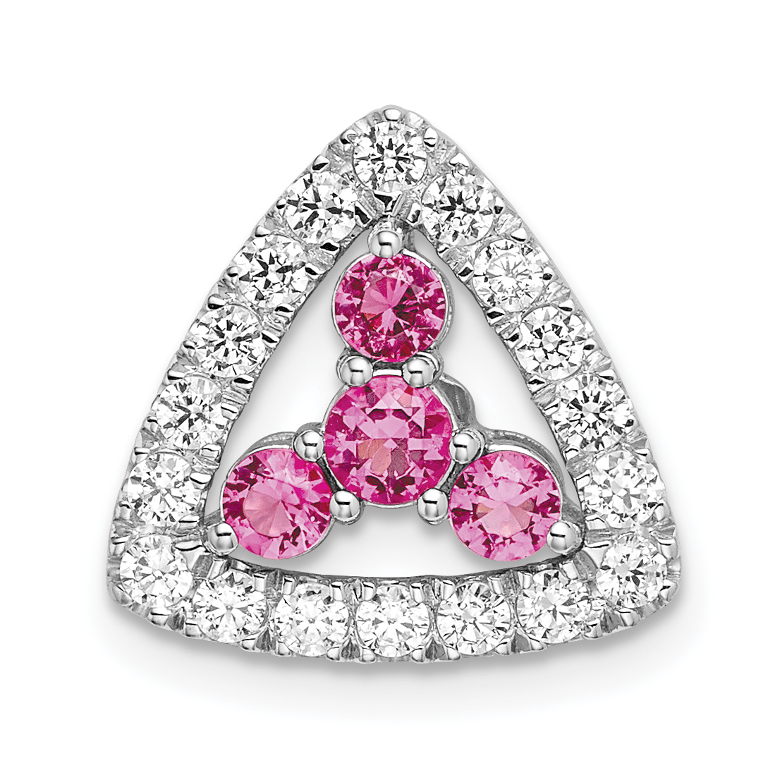 Pure Serenity 14k White Gold 3/8 carat Lab Grown Diamond VS/SI+ G+ and Lab Created Pink Sapphire Triangle Pendant (PM7932-CPS-045-WLG)
