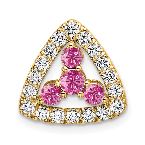Pure Serenity 14K Yellow Gold 0.38 Carat Lab Grown Diamond VS SI+ G+ and Lab Created Pink Sapphire Triangle Pendant