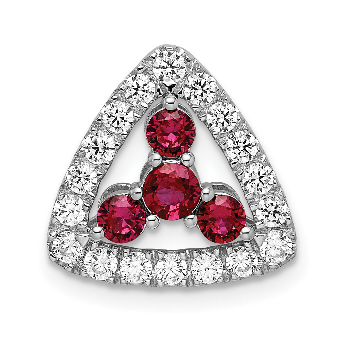 14k White Gold 1/2 carat Lab Grown Diamond VS/SI+ G+ and Lab Created Ruby Triangle Complete Chain Slide Pendant (PM7932-CRU-045-WLG)