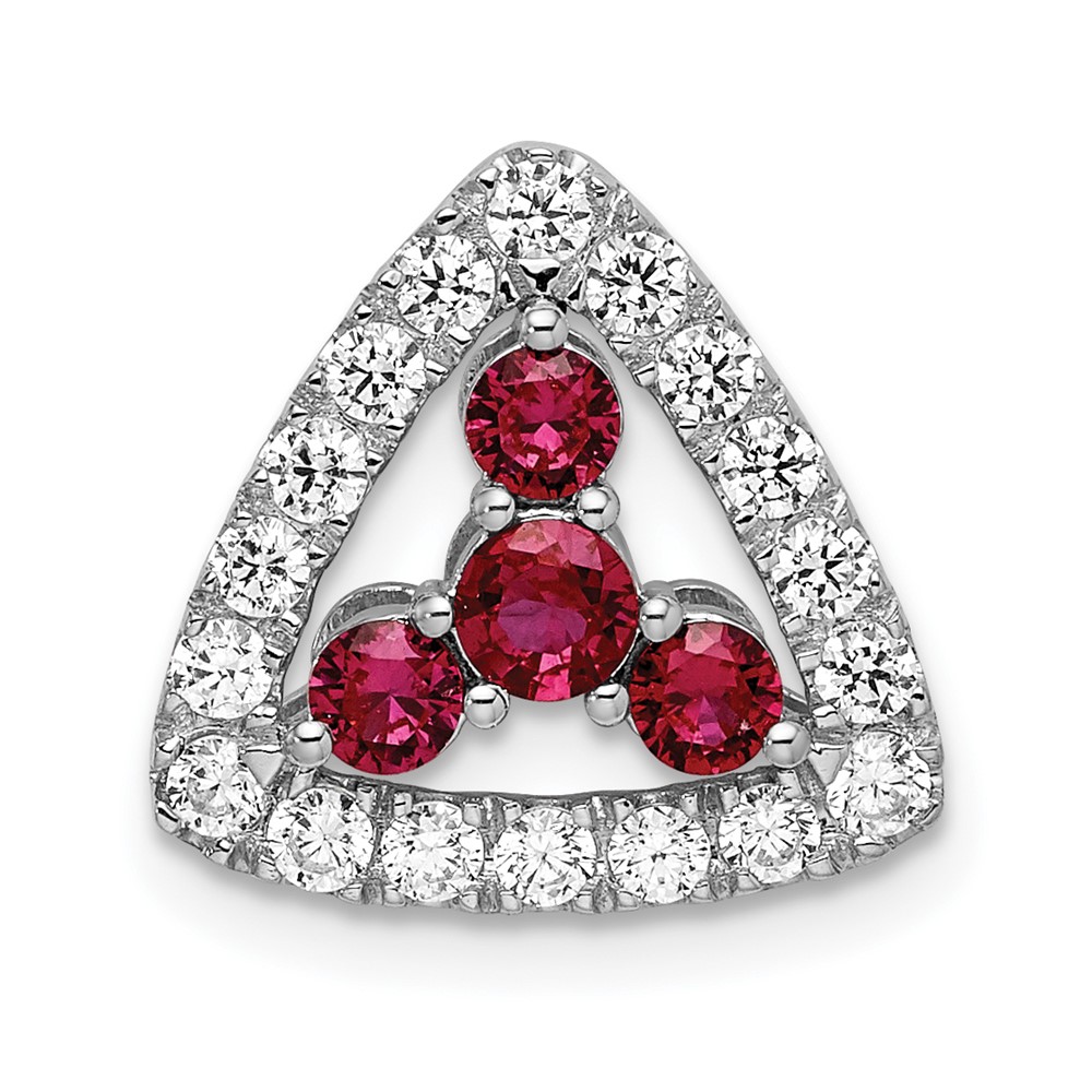 14k White Gold 1/2 carat Lab Grown Diamond VS/SI+ G+ and Lab Created Ruby Triangle Complete Chain Slide Pendant (PM7932-CRU-045-WLG)