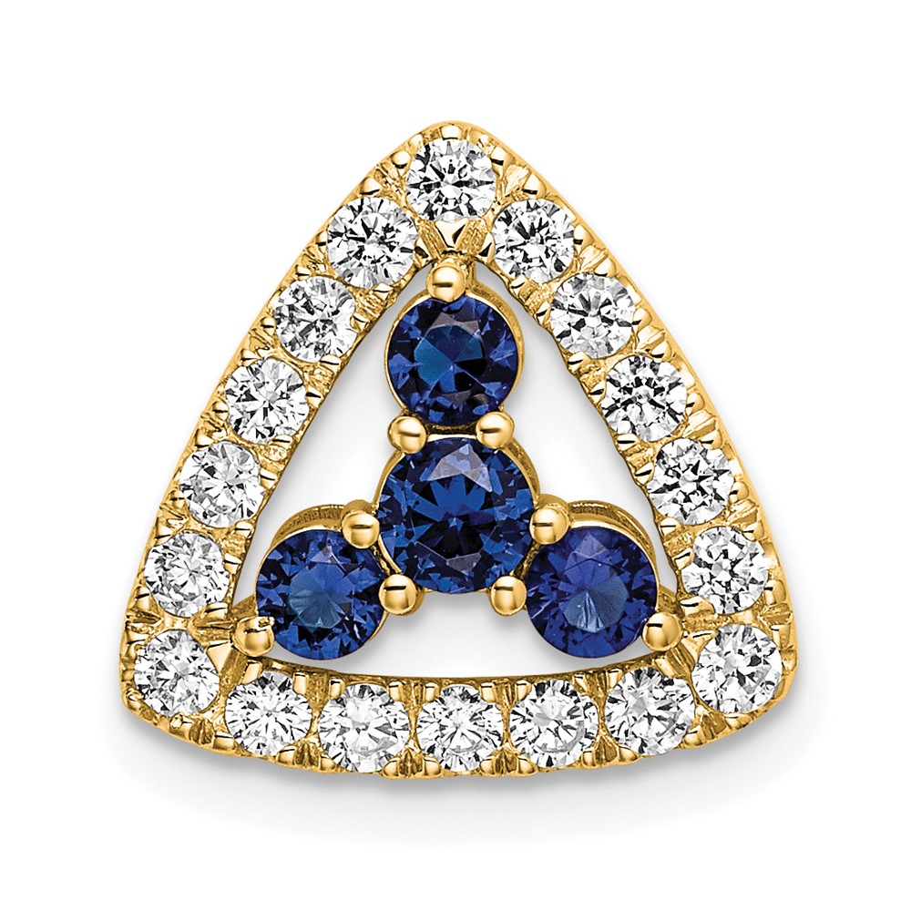 14K Yellow Gold 0.50 Carat Lab Grown Diamond VS SI+ G+ and Lab Created Blue Sapphire Triangle Complete Chain Slide Pendant