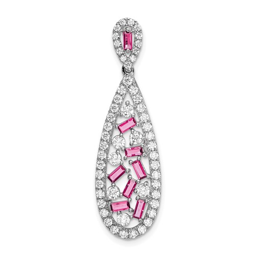 Pure Serenity 14K White Gold 0.88 Carat Lab Grown Diamond VS SI+ G+ and Lab Created Pink Sapphire Teardrop Dangle Pendant