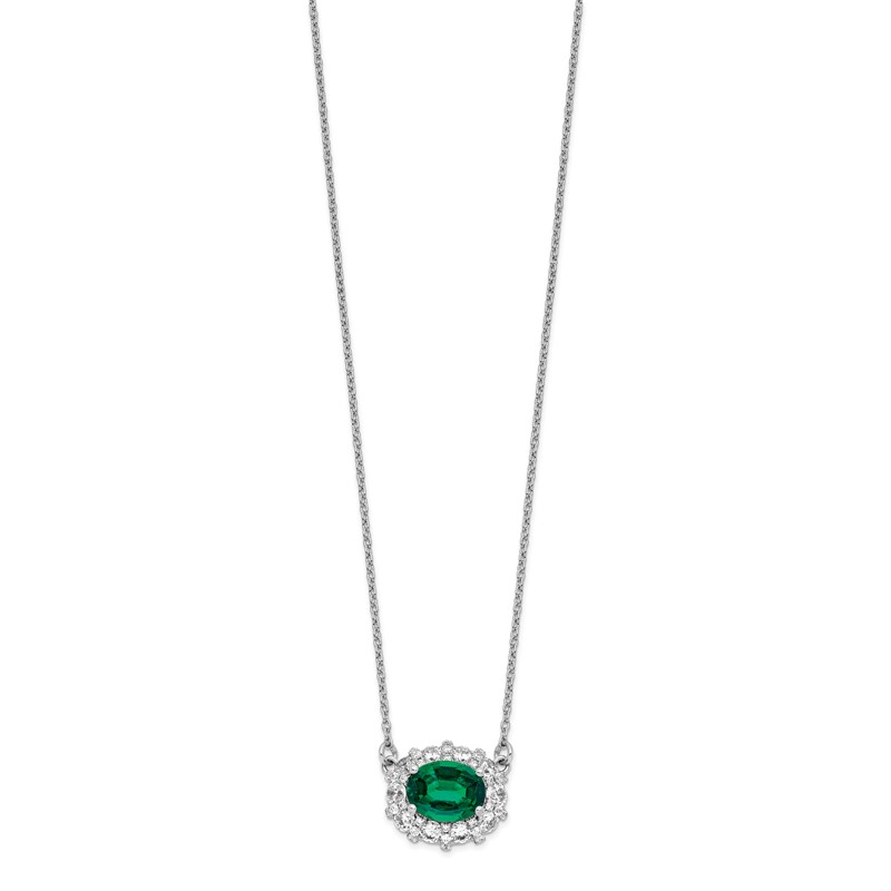 14k White Gold 1 carat Lab Grown Diamond VS/SI+ G+ and Created Emerald Complete 18 inch Necklace