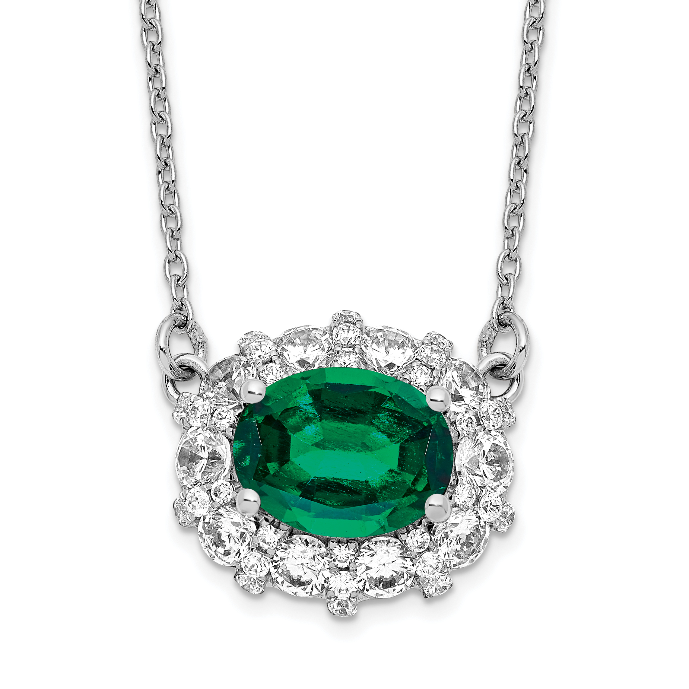 14k White Gold 1 carat Lab Grown Diamond VS/SI+ G+ and Created Emerald Complete 18 inch Necklace (PM7973-CEM-100-WLG)