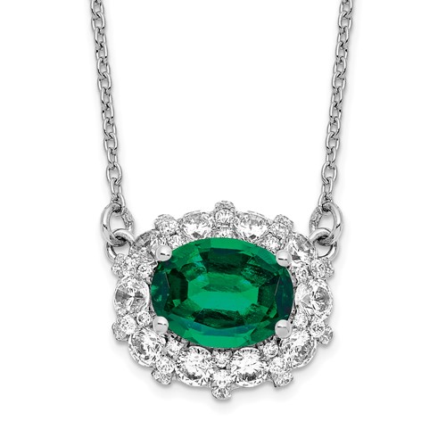 14K White Gold 1 Carat Lab Grown Diamond VS SI+ G+ and Created Emerald Complete Necklace - 18in