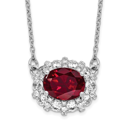14K White Gold 1 Carat Lab Grown Diamond VS SI+ G+ and Created Ruby Complete Necklace, 18"