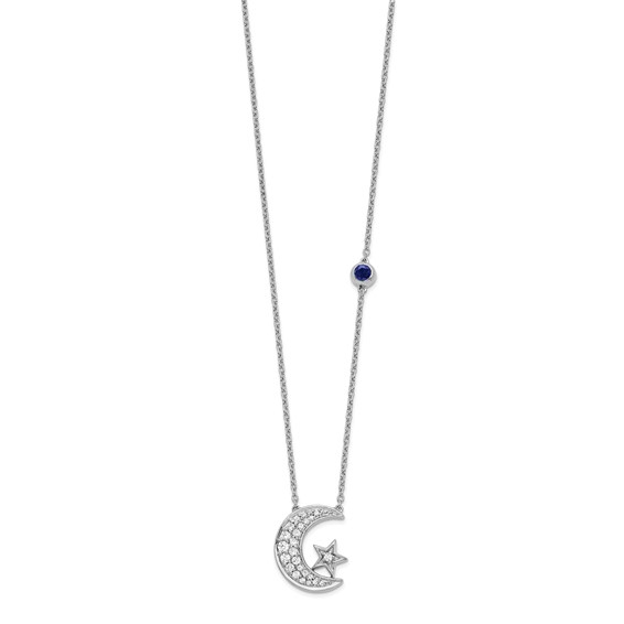 14k White Gold 1/5 carat Lab Grown Diamond VS/SI+ G+ Complete Moon and Star with Created Sapphire Accent 18 inch Necklace