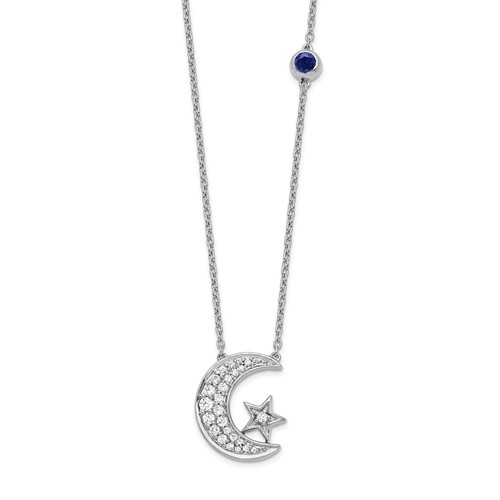 14K White Gold 0.20 Carat Lab Grown Diamond VS SI+ G+ Complete Moon and Star Necklace with Created Sapphire Accent, 18"