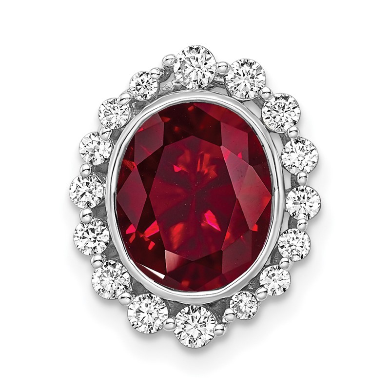14k White Gold 1/2 carat Lab Grown Diamond VS/SI and Oval Lab Created Ruby Halo Chain Slide Pendant