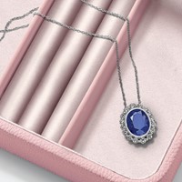 14K White Gold 0.50 Carat Lab Grown Diamond VS SI and Oval Lab Created Blue Sapphire Halo Chain Slide Pendant view 4