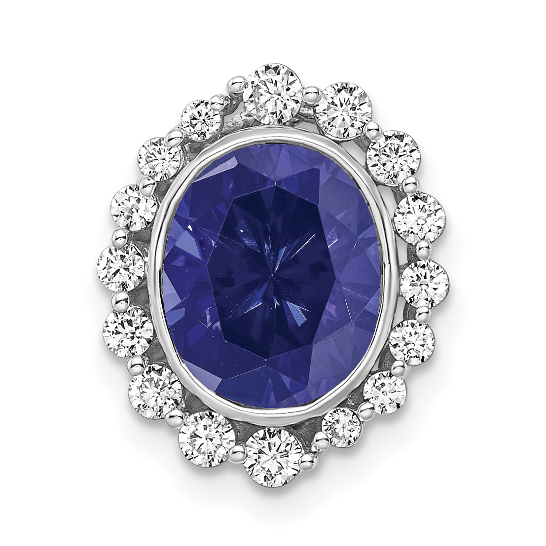 14k White Gold 1/2 carat Lab Grown Diamond VS/SI and Oval Lab Created Blue Sapphire Halo Chain Slide Pendant (PM7985-CSA-046-WLG)
