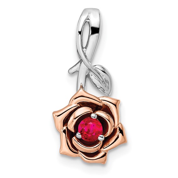 14K Two-tone White and Rose Gold Ruby Flower Chain Slide