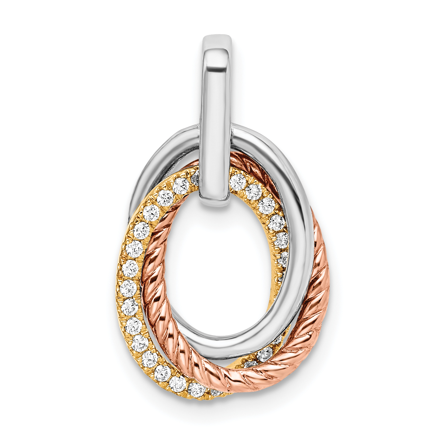 14k Tri-color 1/6 carat Diamond Three Oval Dangle Pendant (PM8455-016-YWRA)
