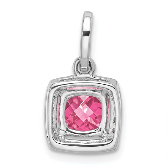 14k White Gold 6mm Cushion Pink Tourmaline and Diamond Halo Pendant