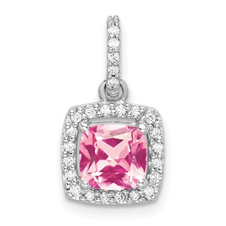 14k White Gold 6mm Cushion Pink Tourmaline and Diamond Halo Pendant