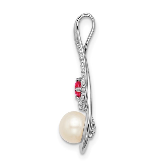14k White Gold 6-7mm Round White Freshwater Cultured Pearl/Ruby/Diamond Slide Fits up to 4mm Fancy Omega Only