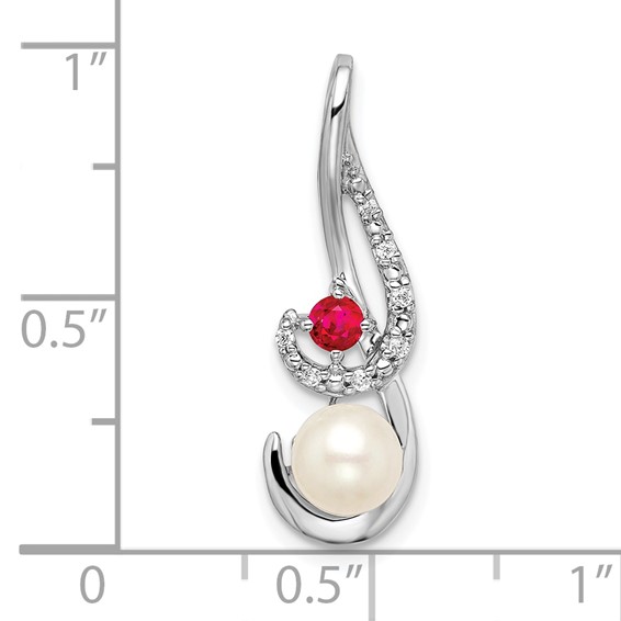 14k White Gold 6-7mm Round White Freshwater Cultured Pearl/Ruby/Diamond Slide Fits up to 4mm Fancy Omega Only