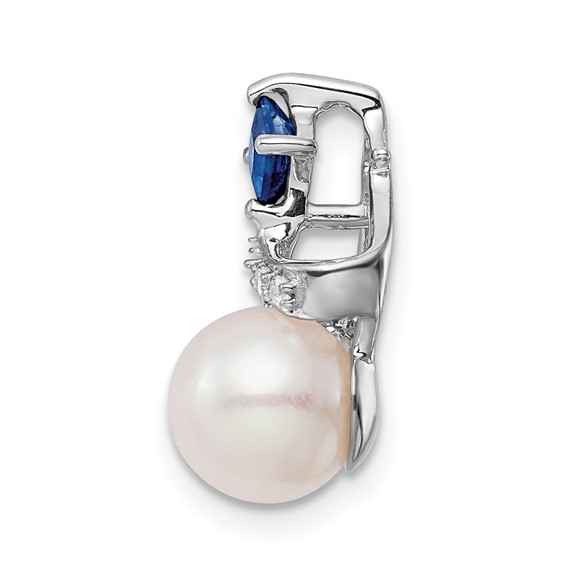 14k White Gold 7-8mm Round White Freshwater Cultured Pearl/Square Sapphire/Diamond Chain Slide