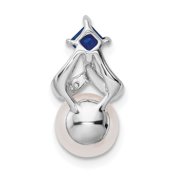 14k White Gold 7-8mm Round White Freshwater Cultured Pearl/Square Sapphire/Diamond Chain Slide