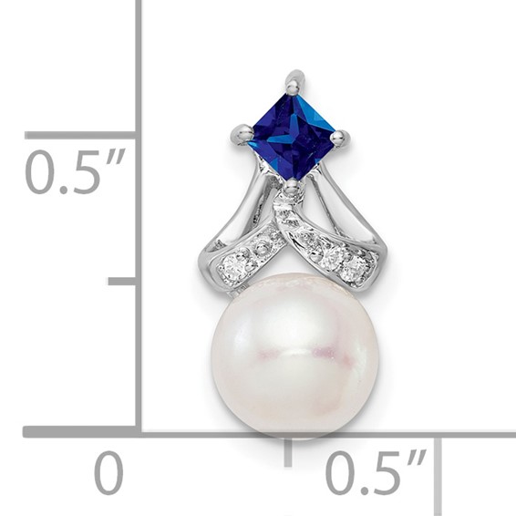 14k White Gold 7-8mm Round White Freshwater Cultured Pearl/Square Sapphire/Diamond Chain Slide