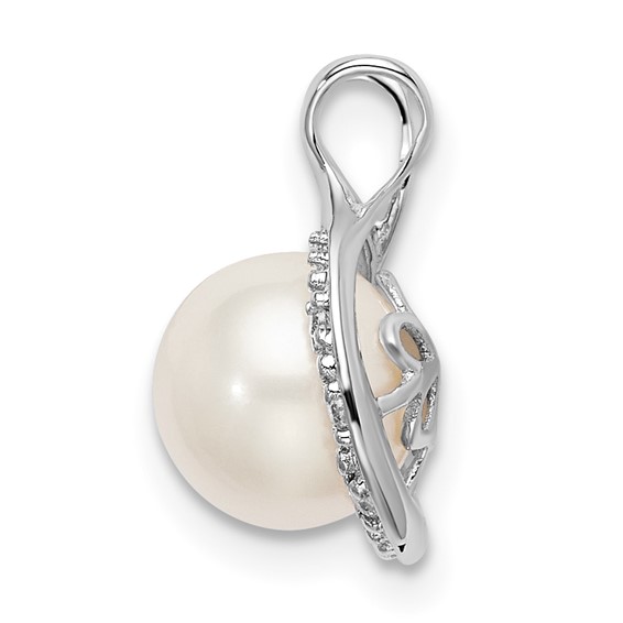 14k White Gold 7-8mm Round White Freshwater Cultured Pearl and Diamond Chain Slide