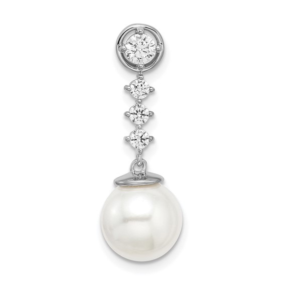 14k White Gold 8-9mm Round White Freshwater Cultured Pearl and Diamond Chain Slide