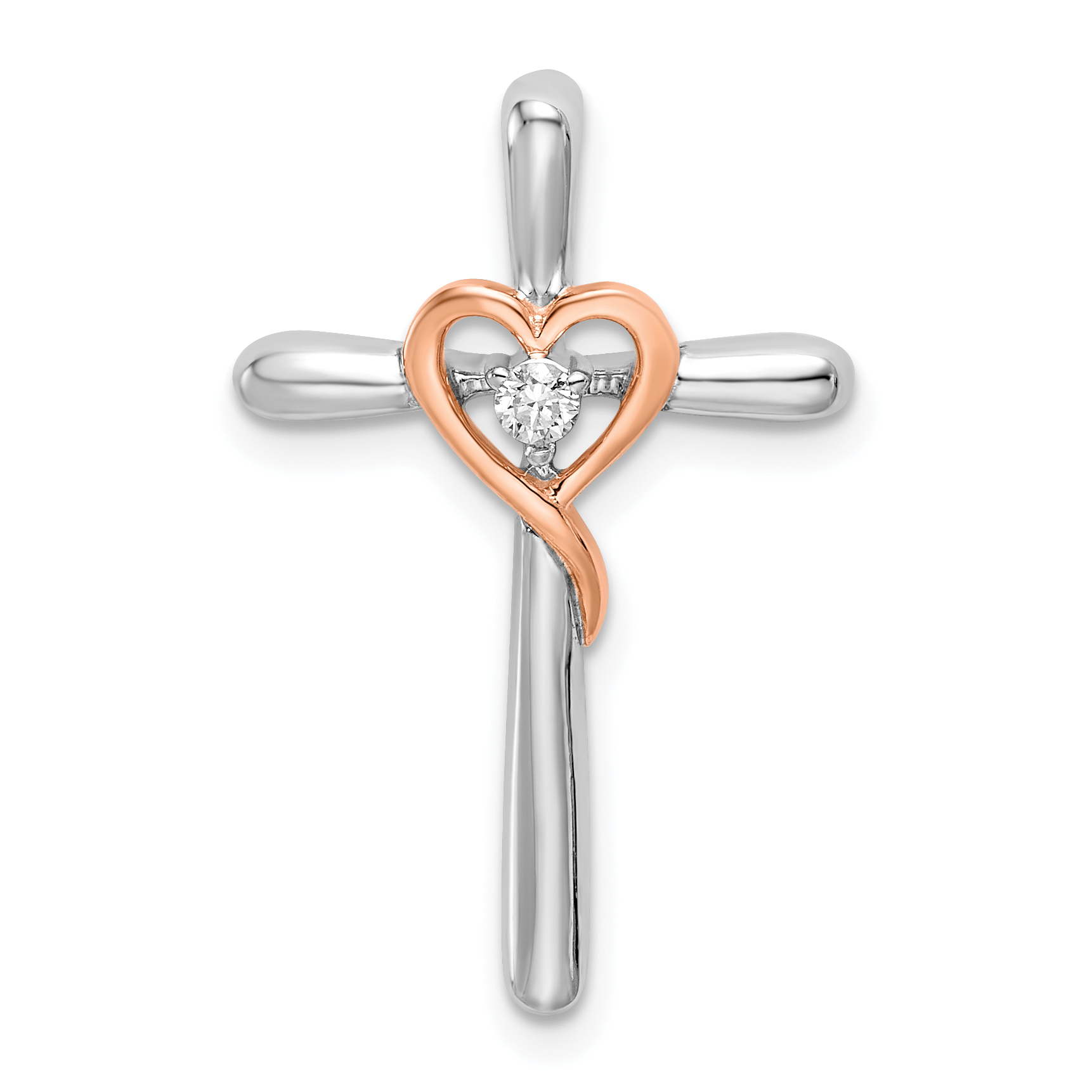 10K Two-tone White & Rose Cross w/Heart Diamond Chain Slide (PM8481-004-1WRA)