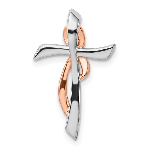 14k Two-tone White and Rose Gold 1/15 carat Diamond Cross with Ribbon Chain Slide