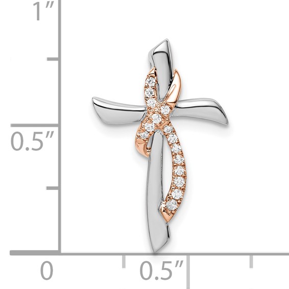 14k Two-tone White and Rose Gold 1/15 carat Diamond Cross with Ribbon Chain Slide