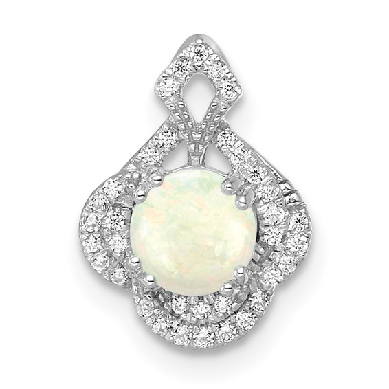 14k White Gold Polished Oval Opal and Diamond Vintage Chain Slide