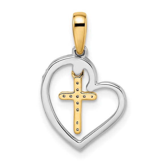 14k Two-tone Heart with Cross 1/8 carat Diamond Pendant