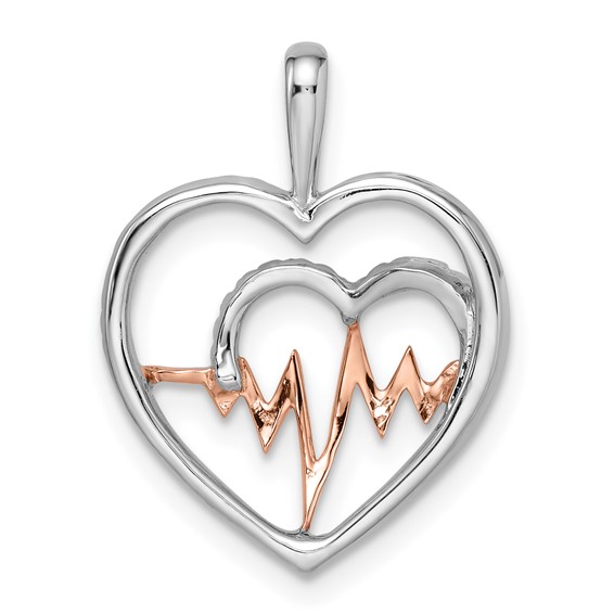 14k Two-tone White and Rose Heartbeat Diamond Heart Pendant