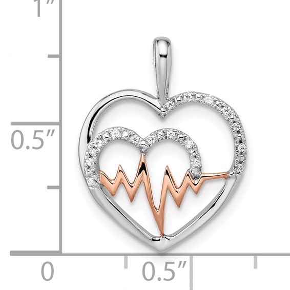 14k Two-tone White and Rose Heartbeat Diamond Heart Pendant
