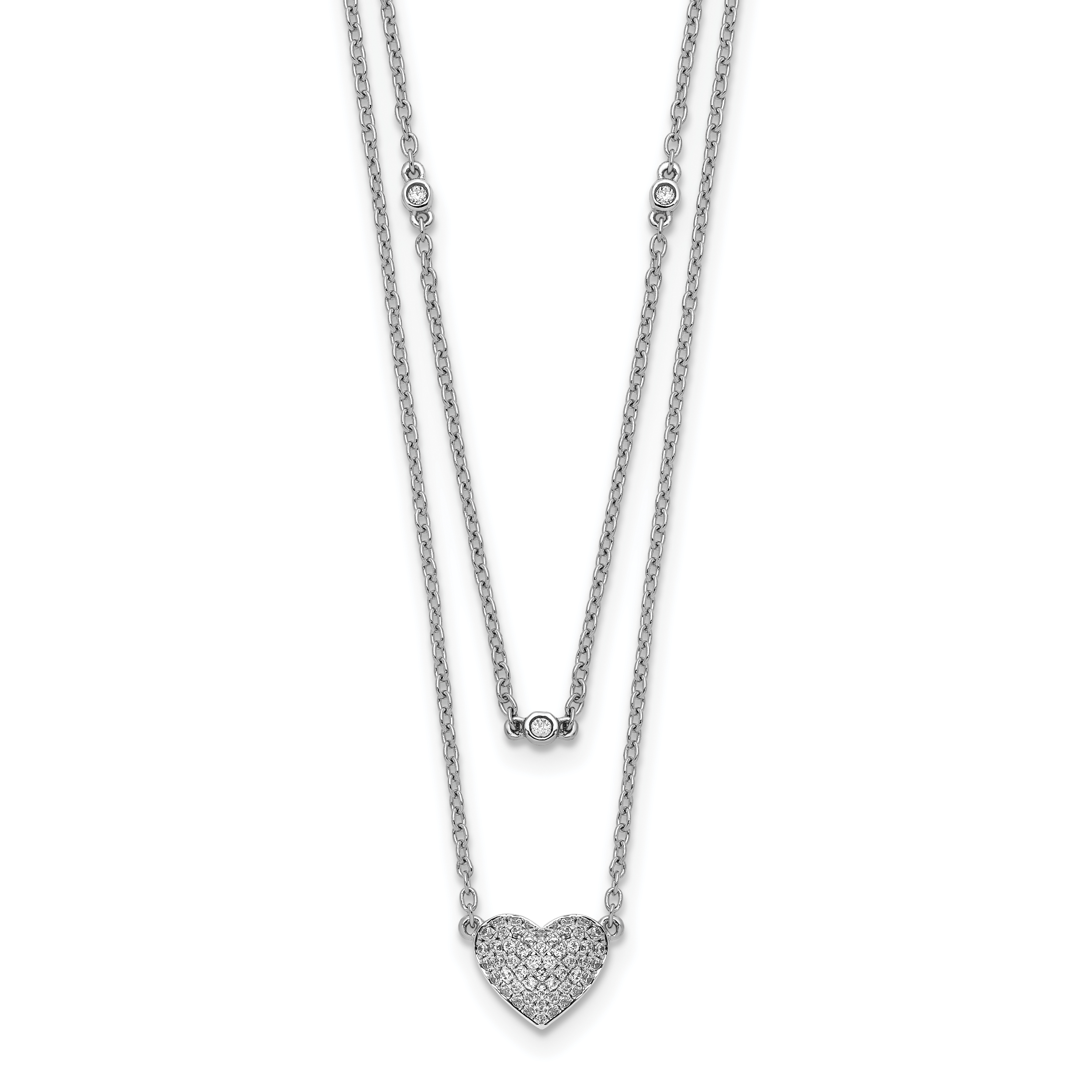 14k White Gold 1/5 carat Pave Diamond Double Strand Heart 18 inch Necklace (PM8572-021-WA)