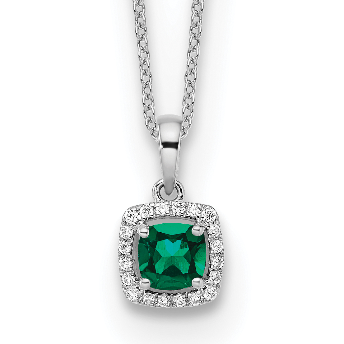14k White Gold 1/10 carat Lab Grown Diamond VS/SI+ G+ and Created Emerald Complete 18 inch Pendant Necklace (PM8582-CEM-010-WLG)