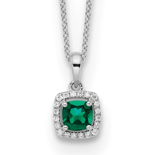 14K White Gold 0.10 Carat Lab Grown Diamond VS SI+ G+ and Created Emerald Complete Pendant Necklace, 18"