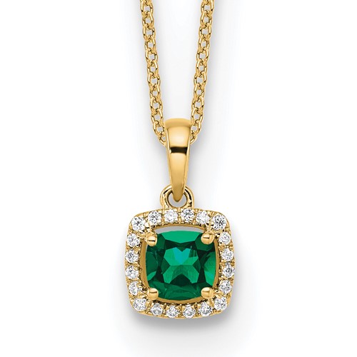 14K Yellow Gold 0.10 Carat Lab Grown Diamond VS SI+ G+ and Created Emerald Complete Pendant Necklace, 18"