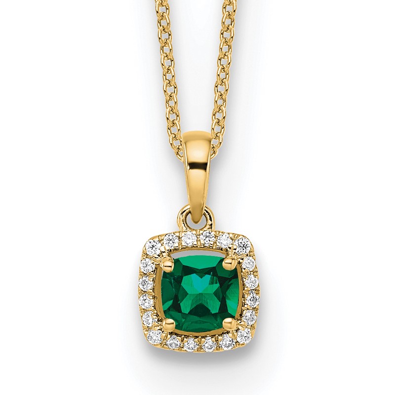 14k 1/10 carat Lab Grown Diamond VS/SI+ G+ and Created Emerald Complete 18 inch Pendant Necklace