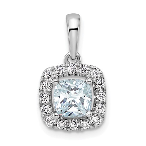 14K White Gold Lab Grown VS/SI FGH Dia and Aquamarine Halo Pendant