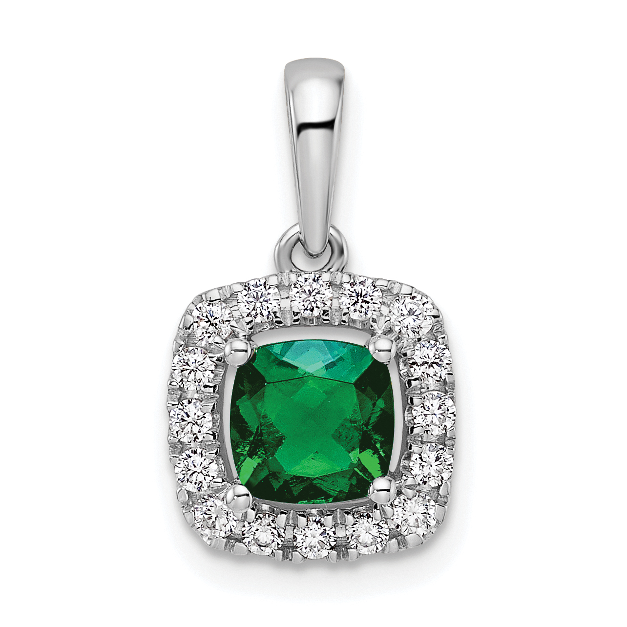 14k White Gold 1/4 carat Lab Grown Diamond VS/SI+ G+ May Birthstone Lab Created Emerald Halo Pendant (PM9037-CEM-028-WLG)