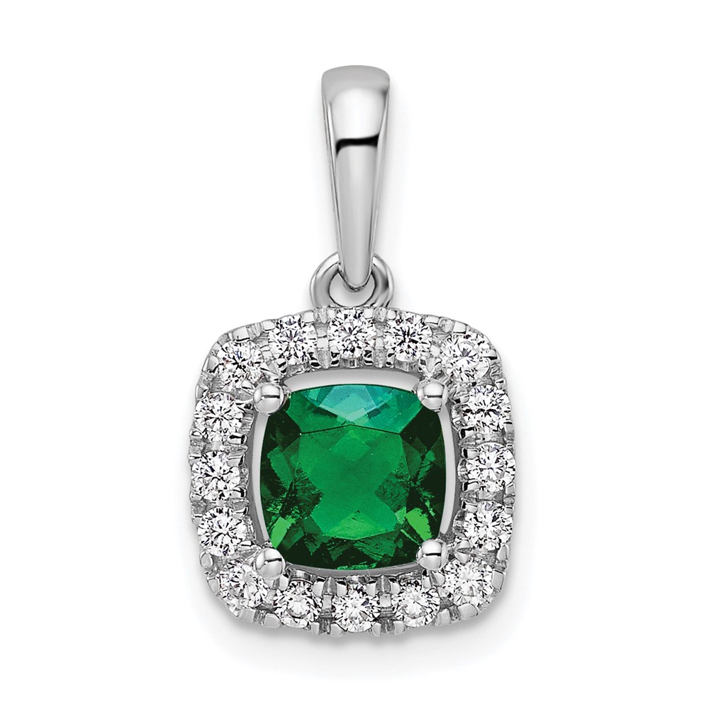 14K White Gold 0.25 Carat Lab Grown Diamond VS SI+ G+ May Birthstone Lab Created Emerald Halo Pendant